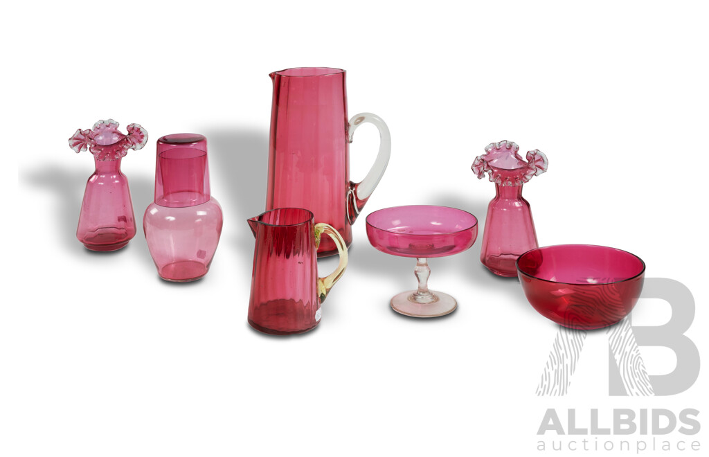 Various Victorian and Edwardian Cranberry Glass Items Including Small Jug with Uranium Glass Handle