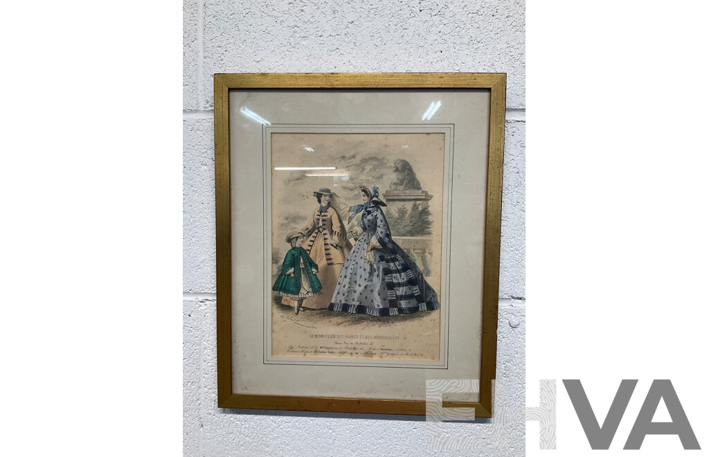 Original Hand Coloured Fashion Paint Journal Des Demoiselles - Ladies and Child Walking, Costumes by Messieur Gagelin Et. Pauline Royer - French Fashions of the Early 1860's -  36 X 30 Cm (frame)