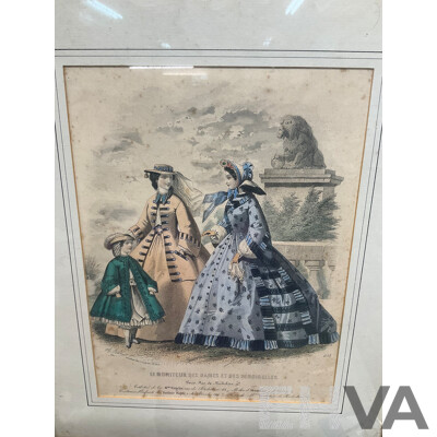 Original Hand Coloured Fashion Paint Journal Des Demoiselles - Ladies and Child Walking, Costumes by Messieur Gagelin Et. Pauline Royer - French Fashions of the Early 1860's -  36 X 30 Cm (frame)