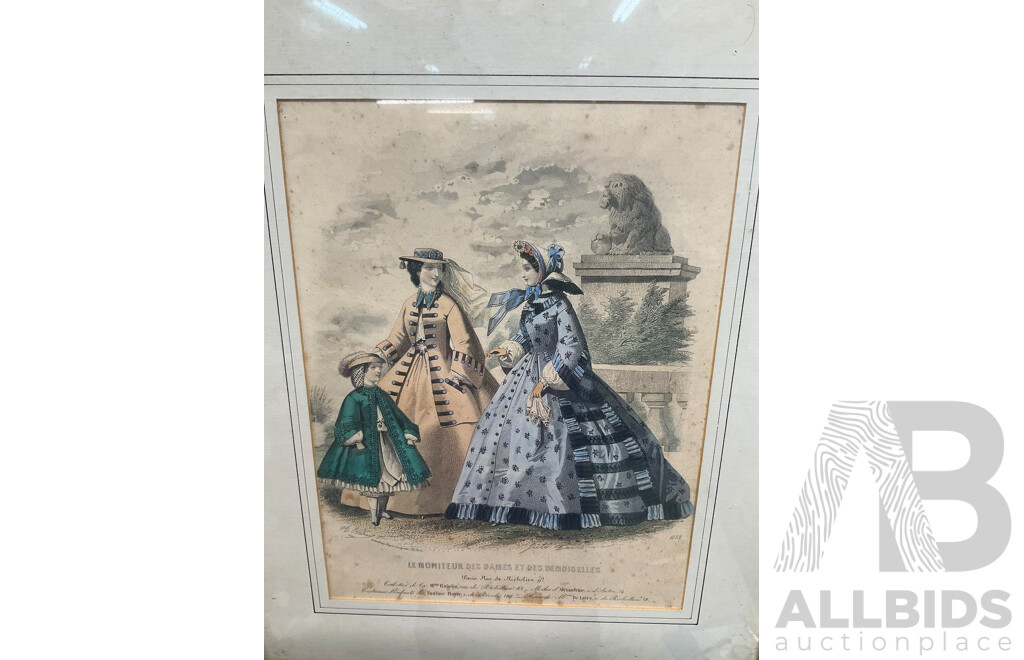 Original Hand Coloured Fashion Paint Journal Des Demoiselles - Ladies and Child Walking, Costumes by Messieur Gagelin Et. Pauline Royer - French Fashions of the Early 1860's -  36 X 30 Cm (frame)