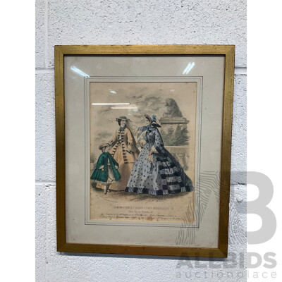 Original Hand Coloured Fashion Paint Journal Des Demoiselles - Ladies and Child Walking, Costumes by Messieur Gagelin Et. Pauline Royer - French Fashions of the Early 1860's -  36 X 30 Cm (frame)