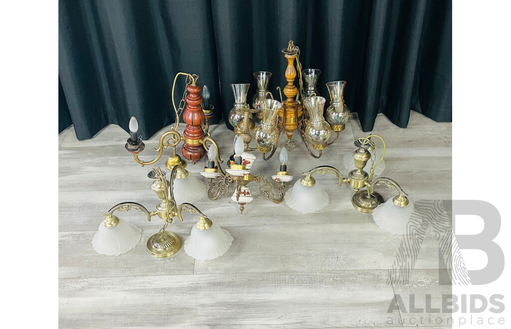 Collection Five Hanging Electrical Lamps Including Three Branch and Six Branch Examples