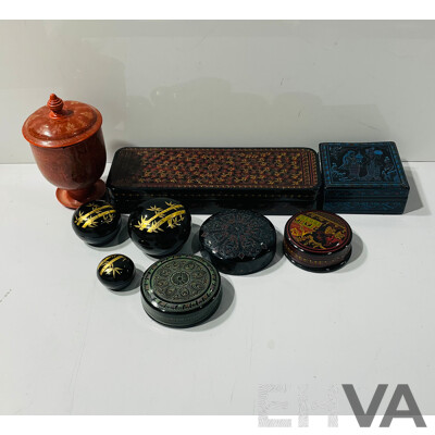 Collection Vintage Burmese Hand Decorated Lacquer Ware Including Lidded Trinket Boxes and More