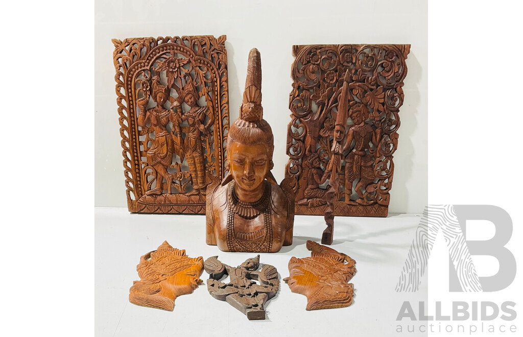 Collection Vintage Burmese Hand Carved Pieces Including Pair Ornate Panels, Female Bust and More