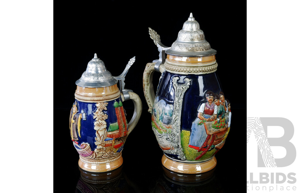 Two Vintage West German Lidded Ceramic Beer Steins Including One Litre Example