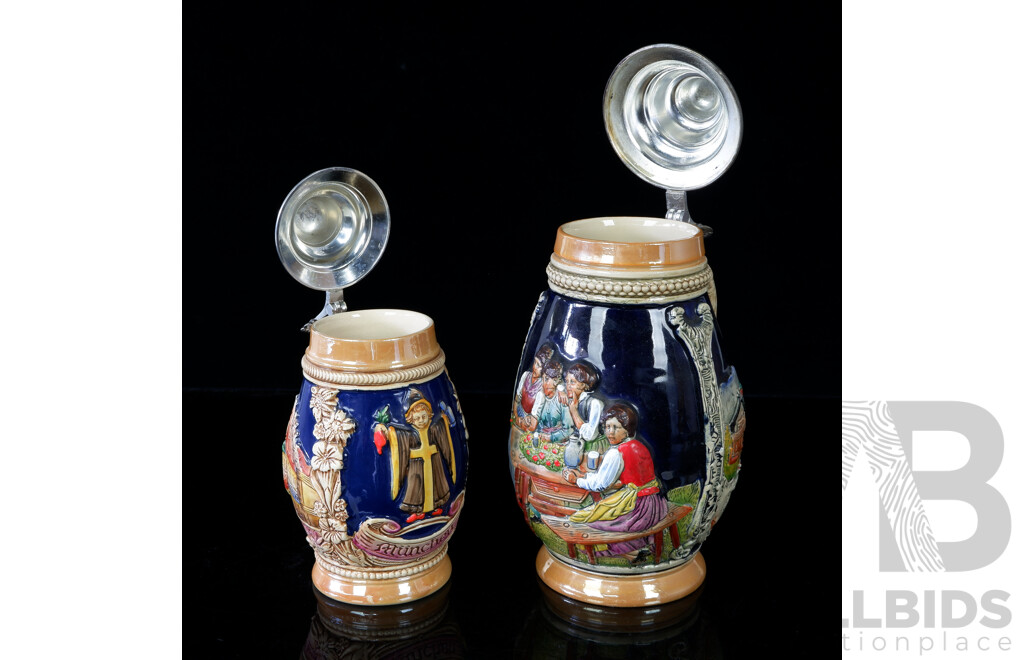 Two Vintage West German Lidded Ceramic Beer Steins Including One Litre Example