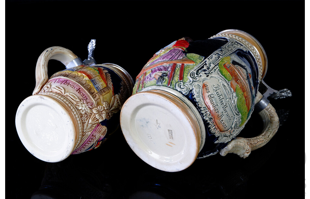 Two Vintage West German Lidded Ceramic Beer Steins Including One Litre Example