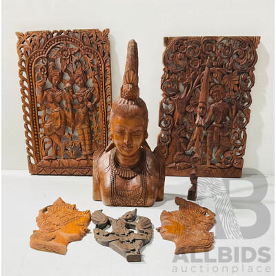 Collection Vintage Burmese Hand Carved Pieces Including Pair Ornate Panels, Female Bust and More