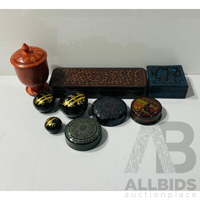 Collection Vintage Burmese Hand Decorated Lacquer Ware Including Lidded Trinket Boxes and More