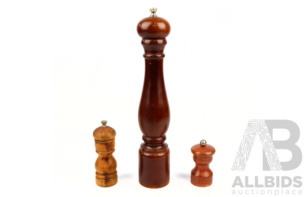 Three Pepper Grinders Including Small Marlux French Example, Oliv Art Spanish Example and More