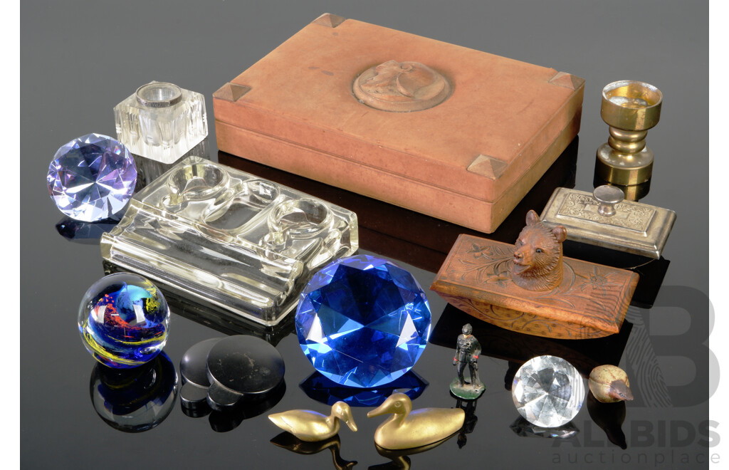 Gentlemans Lot Including Glass Desk Standish, Black Forest Ink Blotter, Glass Paperweight, Cigar Box and More