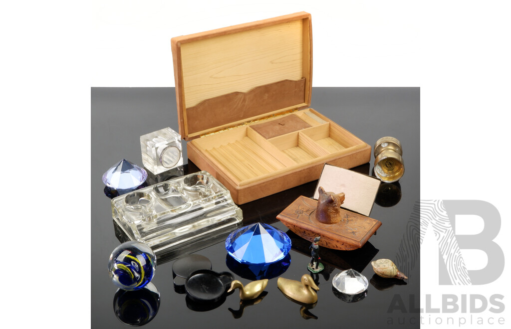 Gentlemans Lot Including Glass Desk Standish, Black Forest Ink Blotter, Glass Paperweight, Cigar Box and More