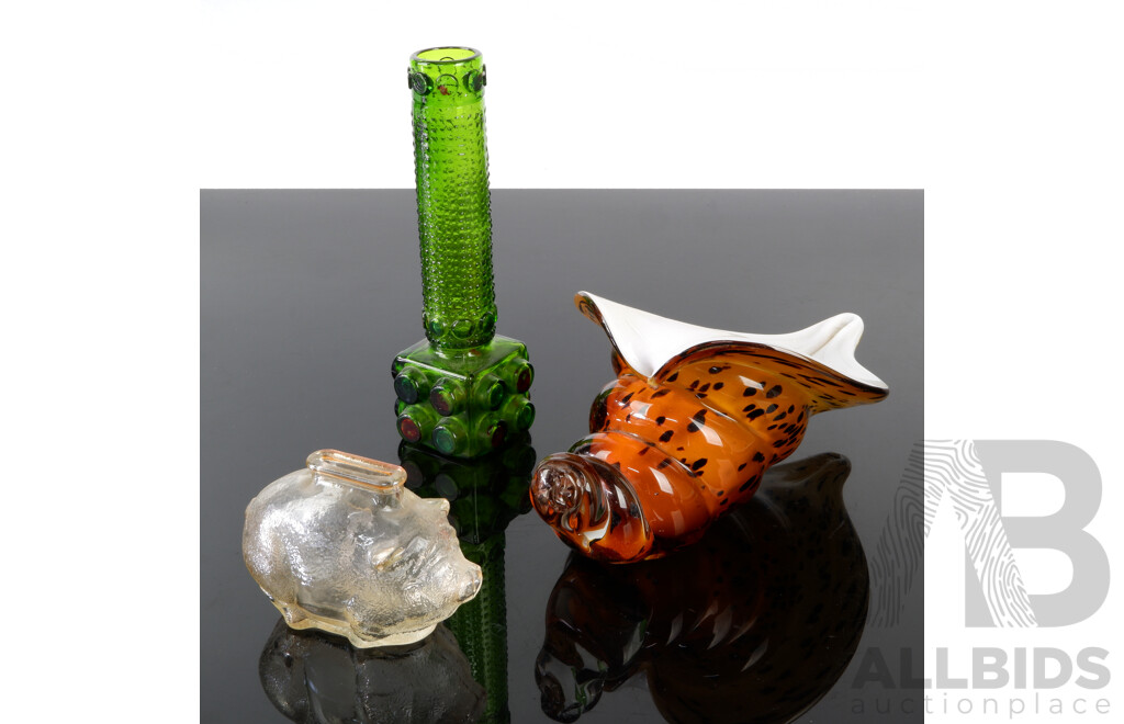 Retro Anchor Hocking Marigold Piggy Money Box, Empoli Style Green Glass Vase and Art Glass Cornucopia Form Vase