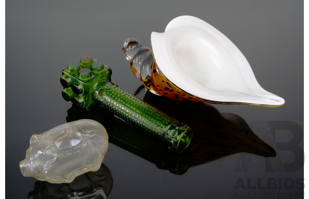 Retro Anchor Hocking Marigold Piggy Money Box, Empoli Style Green Glass Vase and Art Glass Cornucopia Form Vase