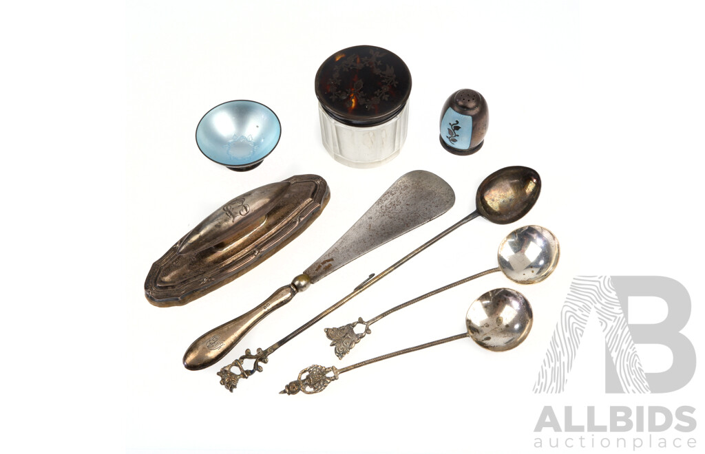 Collection Sterling Silver Including Jar with Tortoiseshell and Silver Lid, Two Danish Enamelled Sterling Silver Pieces and More