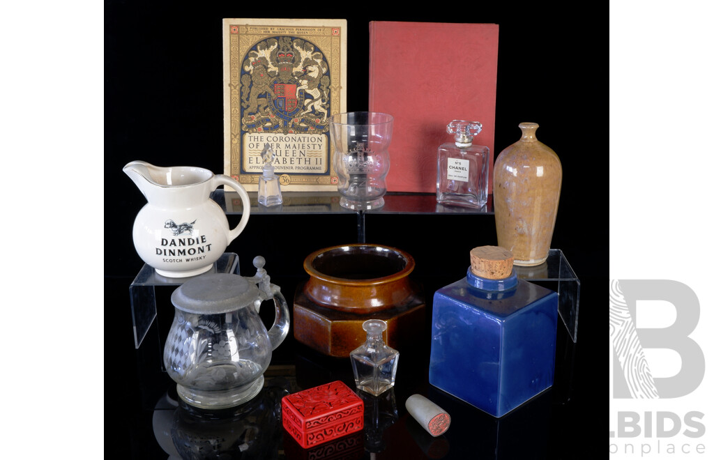 Interesting Collection Items Including Small Baccarat Crystal Bottle with Stopper, CHinese Cinnabar Box and Soft Stone Seal, West German Ceramic Octagonal Form Dish and More