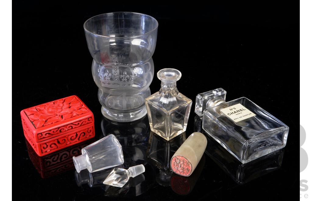 Interesting Collection Items Including Small Baccarat Crystal Bottle with Stopper, CHinese Cinnabar Box and Soft Stone Seal, West German Ceramic Octagonal Form Dish and More