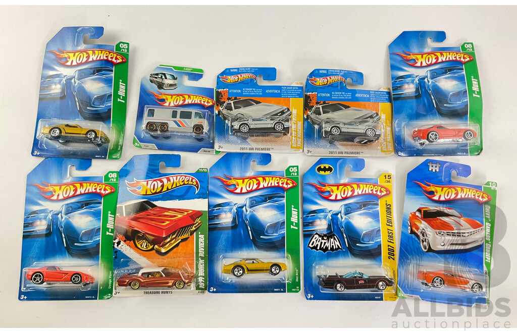 Ten Boxed Diecast 2000's Hot Wheels Including Treasure Hunt and First Edition