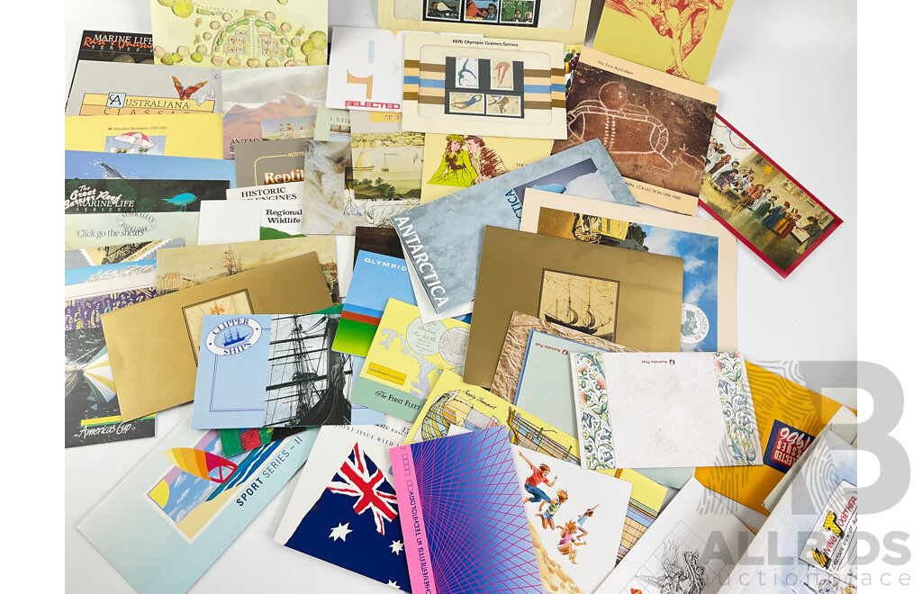 Collection of Australian 1980's Stamp Packs Including Joint Issues, Selected Issues, Living Together, Antarctic Series and More - Approximately One Hundred Packs