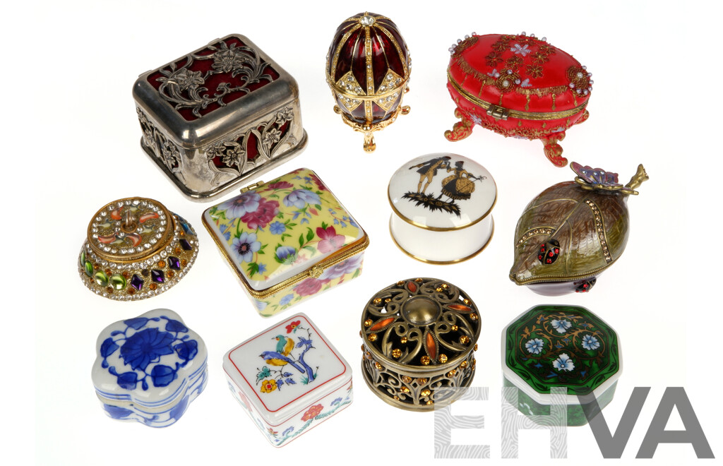 Collection Trinket Boxes in Various Mediums Including Porcelain, Cloisonne, Metal and More