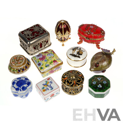 Collection Trinket Boxes in Various Mediums Including Porcelain, Cloisonne, Metal and More