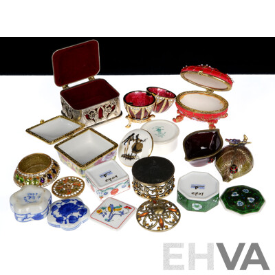 Collection Trinket Boxes in Various Mediums Including Porcelain, Cloisonne, Metal and More