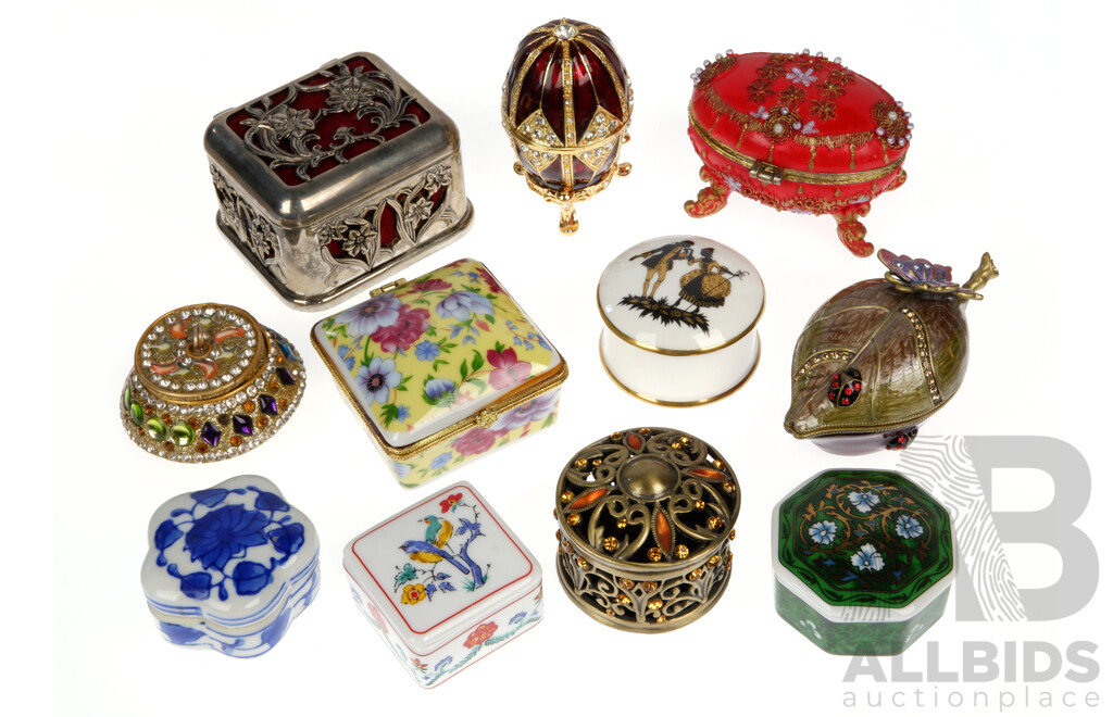 Collection Trinket Boxes in Various Mediums Including Porcelain, Cloisonne, Metal and More