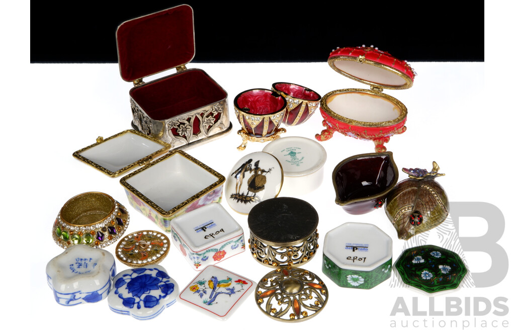 Collection Trinket Boxes in Various Mediums Including Porcelain, Cloisonne, Metal and More