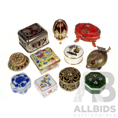 Collection Trinket Boxes in Various Mediums Including Porcelain, Cloisonne, Metal and More