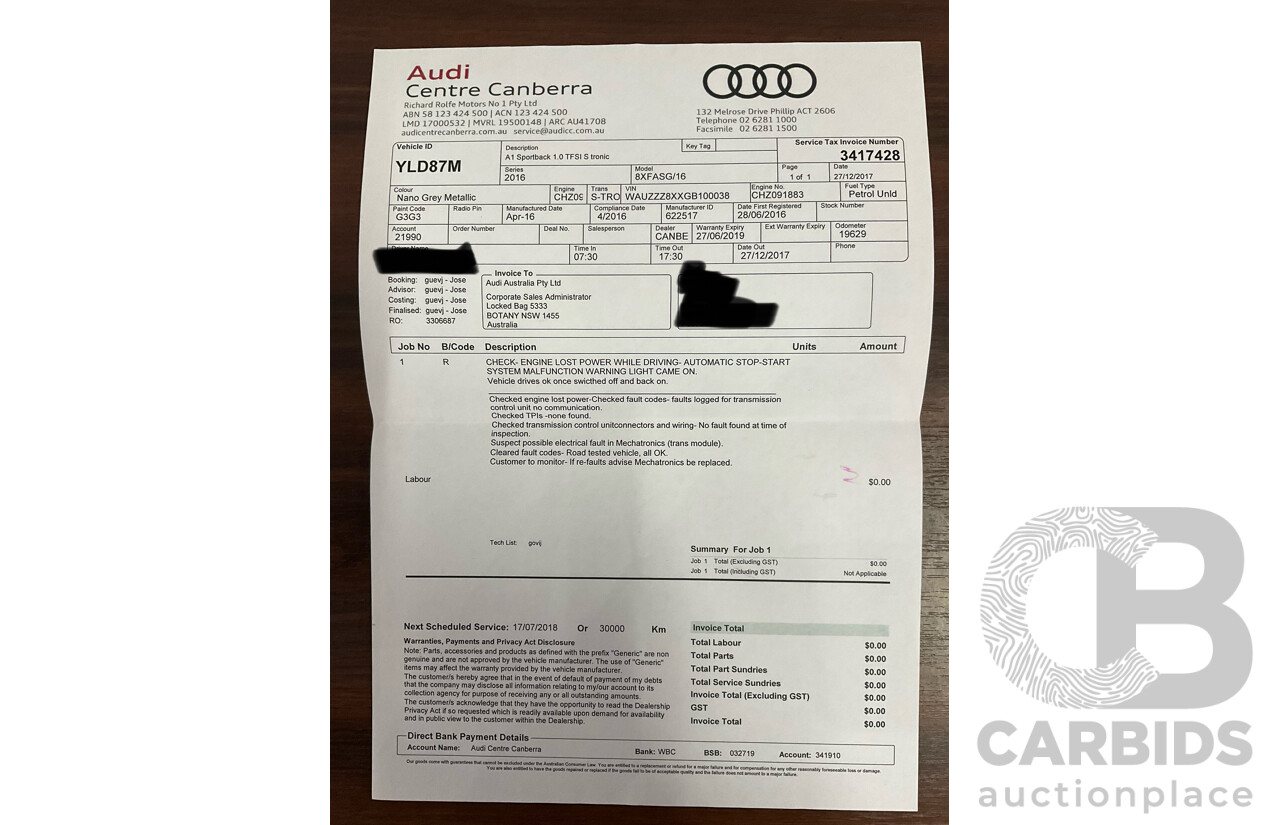 05/2016 Audi A1 Sportback 1.0 TFSI (FWD) 8X MY16 5d Hatchback Nano Grey Metallic Turbo 1.0L