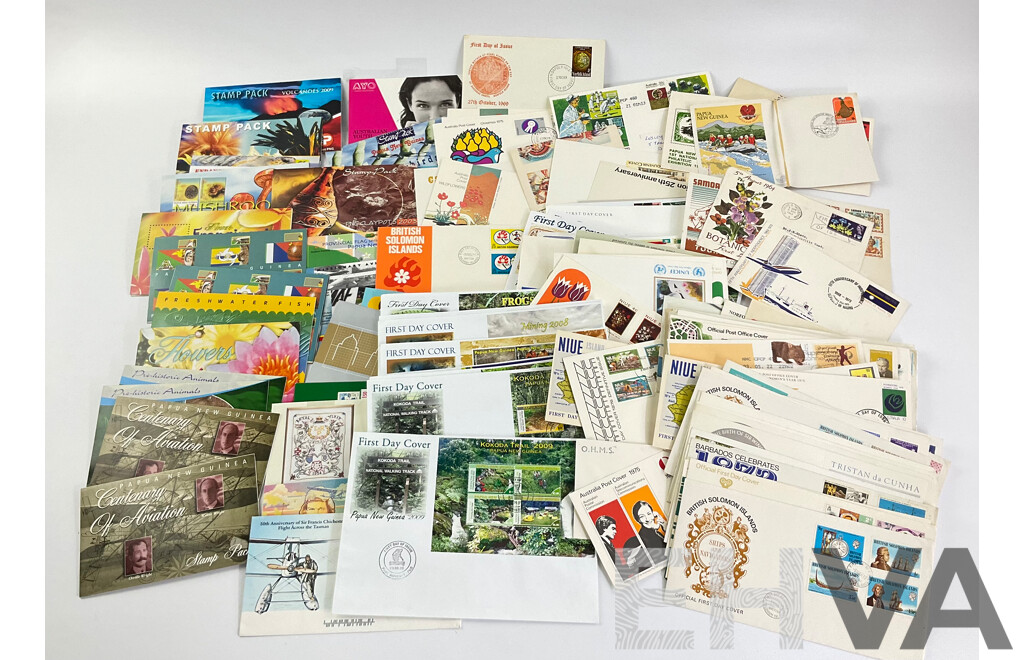 Collection of Pacific 1960's-2000's Stamp Packs and First Day Covers Including Papua New Guinea, British Solomon Islands, Niue, Norfolk Islands, Samoa, Aitutaki, Australia