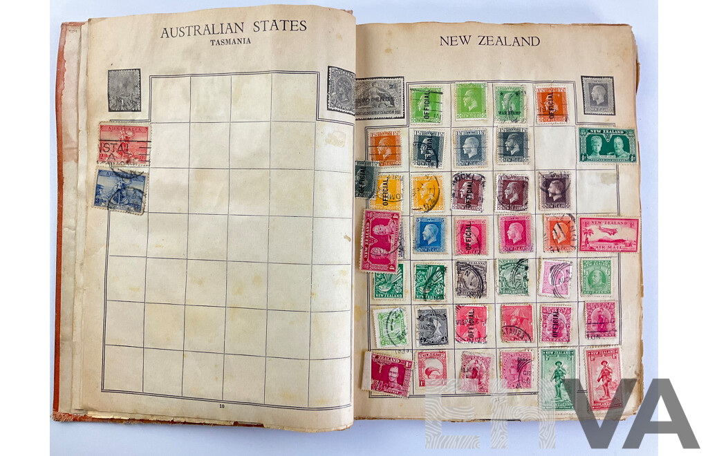 Stamp Album of Antique and Vintage Stamps Including Australian Red Harbour Bridge, New Zealand Pre Decimal, Canada, China, Portugal, Japan, Straits Settlements and More - Variety of Over Prints