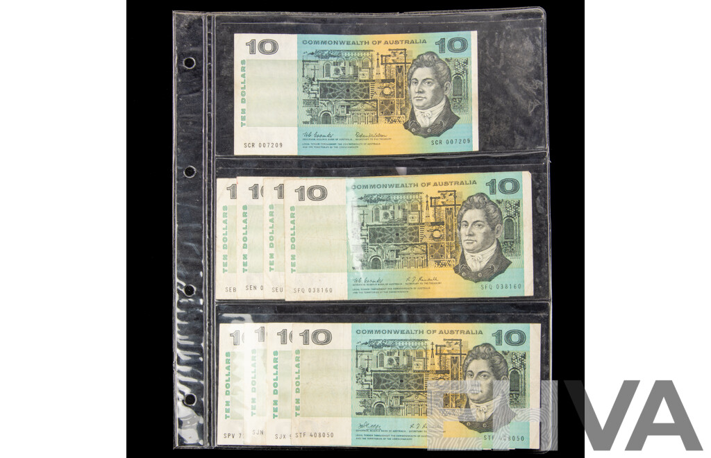 Nine Australian Ten Dollar Notes Including 1966 Coombs/Wilson R301, 1967 Coombs/Randall R302(4) Phillips/Randall R303(4)