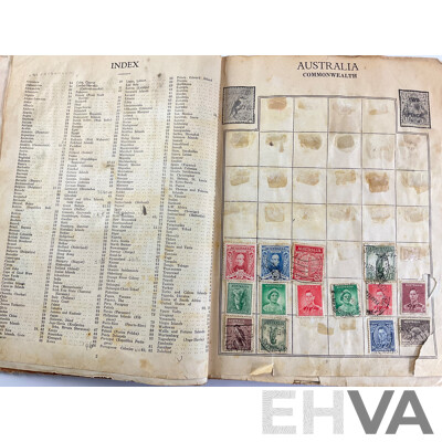 Stamp Album of Antique and Vintage Stamps Including Australian Red Harbour Bridge, New Zealand Pre Decimal, Canada, China, Portugal, Japan, Straits Settlements and More - Variety of Over Prints