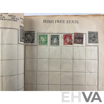 Stamp Album of Antique and Vintage Stamps Including Australian Red Harbour Bridge, New Zealand Pre Decimal, Canada, China, Portugal, Japan, Straits Settlements and More - Variety of Over Prints