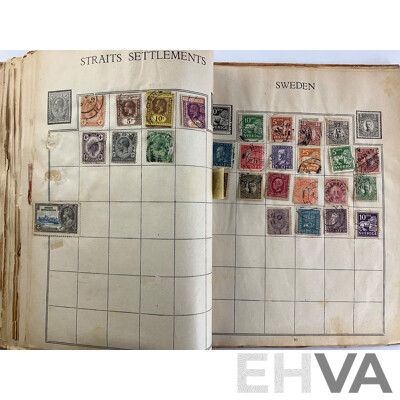 Stamp Album of Antique and Vintage Stamps Including Australian Red Harbour Bridge, New Zealand Pre Decimal, Canada, China, Portugal, Japan, Straits Settlements and More - Variety of Over Prints