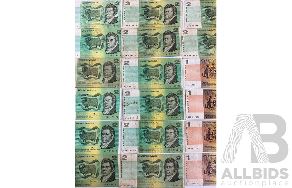 Australian Paper Bank Notes Including 1991 Ten Dollars Fraser/Cole(2) 1970's and 80's Two Dollars Phillips/Wheeler(2), Johnston/Fraser(7) Knight/Stone(5) 1970's and 80's One Dollars.......