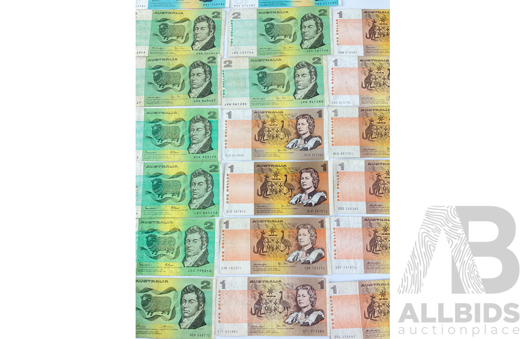 Australian Paper Bank Notes Including 1991 Ten Dollars Fraser/Cole(2) 1970's and 80's Two Dollars Phillips/Wheeler(2), Johnston/Fraser(7) Knight/Stone(5) 1970's and 80's One Dollars.......