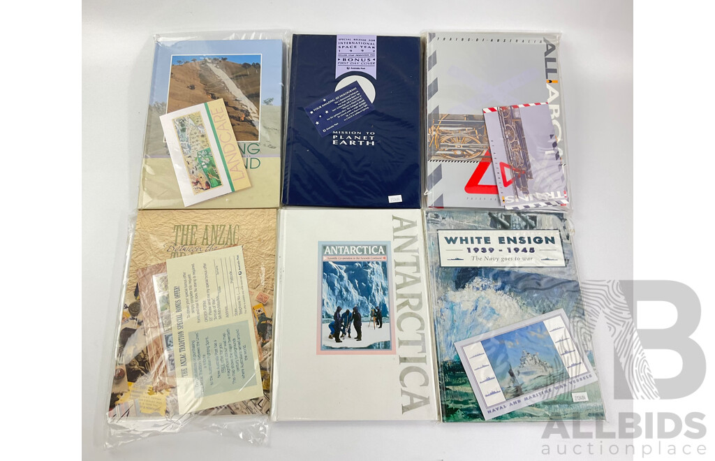 Collection of Australian Postal Stamp Packs/ Books Including 1992 Mission to Planet Earth, 1993 All Aboard - Trains of Australia, ANZAC Tradition, Antarctica, White Ensign , Navy Goes to War