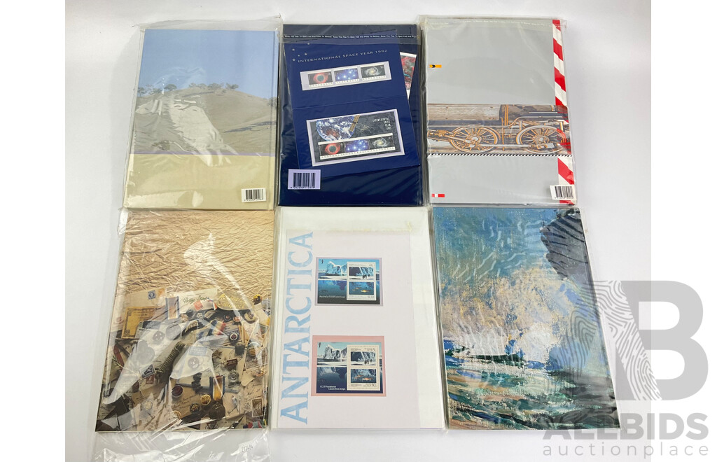 Collection of Australian Postal Stamp Packs/ Books Including 1992 Mission to Planet Earth, 1993 All Aboard - Trains of Australia, ANZAC Tradition, Antarctica, White Ensign , Navy Goes to War