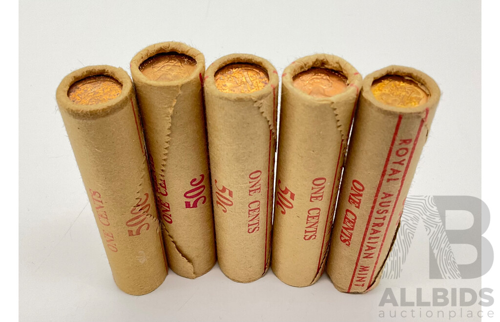 Five Australian RAM One Cent Coin Rolls, 1978, 79, 80, 81, 82