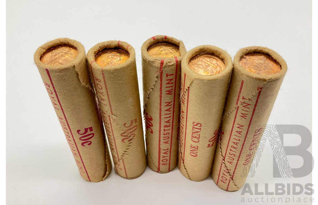 Five Australian RAM One Cent Coin Rolls, 1978, 79, 80, 81, 82