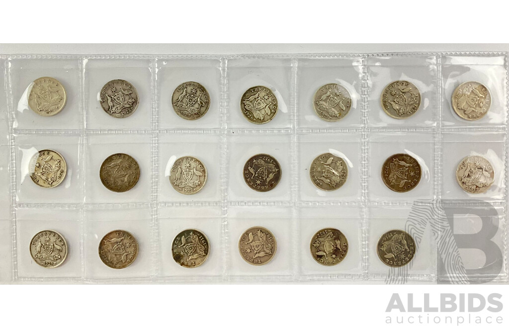 Collection of Australian KGV Silver Threepence Coins, Examples 1911 to 1928 Including 1916, 1917, 1918, 1919, 1921 Melbourne Mint .925