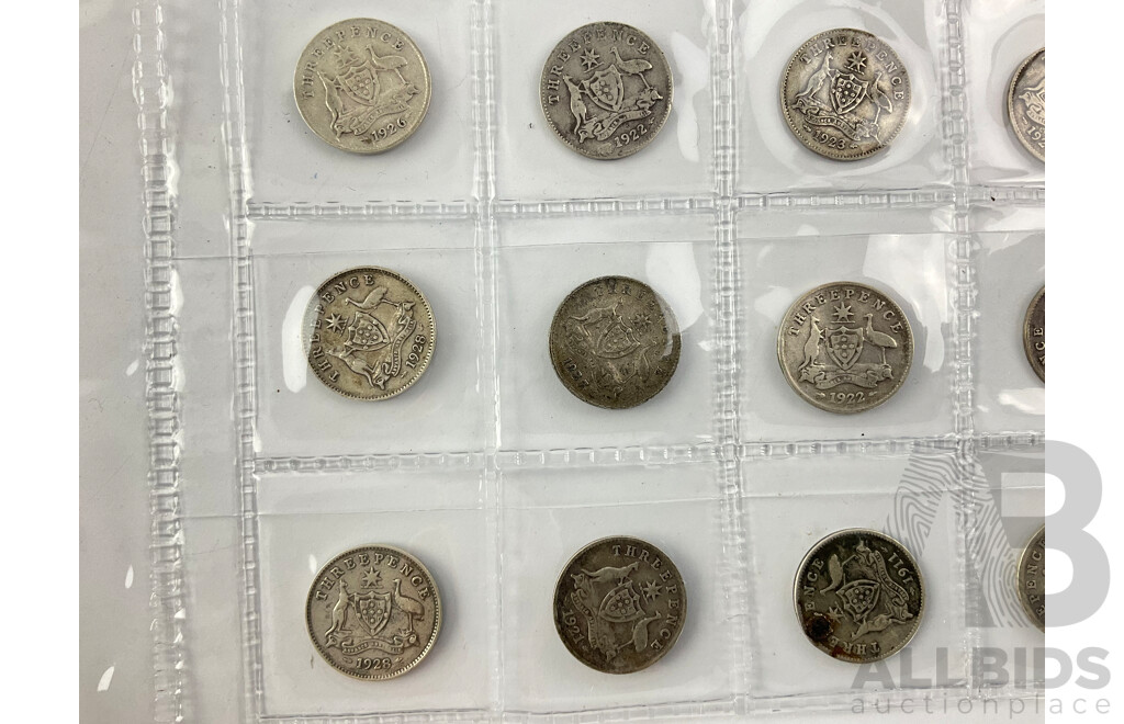 Collection of Australian KGV Silver Threepence Coins, Examples 1911 to 1928 Including 1916, 1917, 1918, 1919, 1921 Melbourne Mint .925