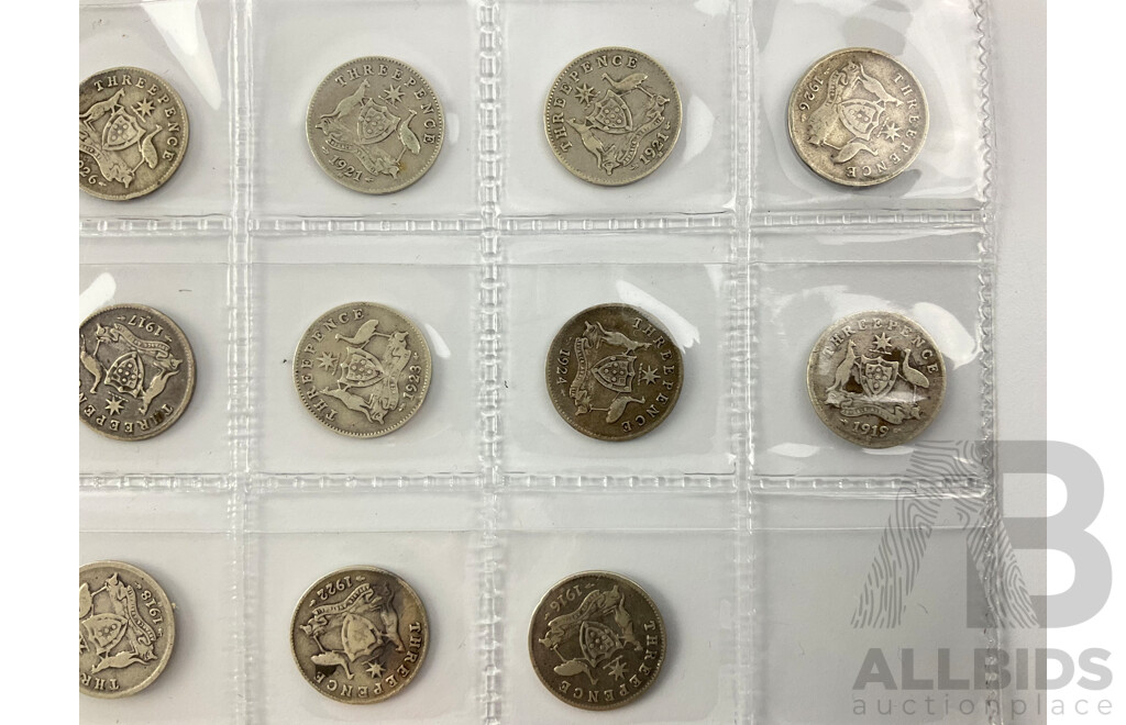 Collection of Australian KGV Silver Threepence Coins, Examples 1911 to 1928 Including 1916, 1917, 1918, 1919, 1921 Melbourne Mint .925