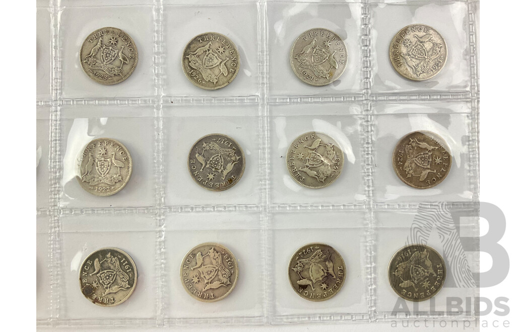 Collection of Australian KGV Silver Threepence Coins, Examples 1911 to 1928 Including 1916, 1917, 1918, 1919, 1921 Melbourne Mint .925