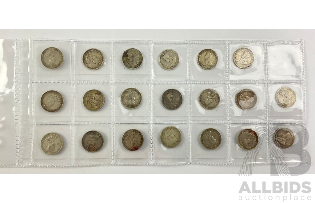 Collection of Australian KGV Silver Threepence Coins, Examples 1911 to 1928 Including 1916, 1917, 1918, 1919, 1921 Melbourne Mint .925