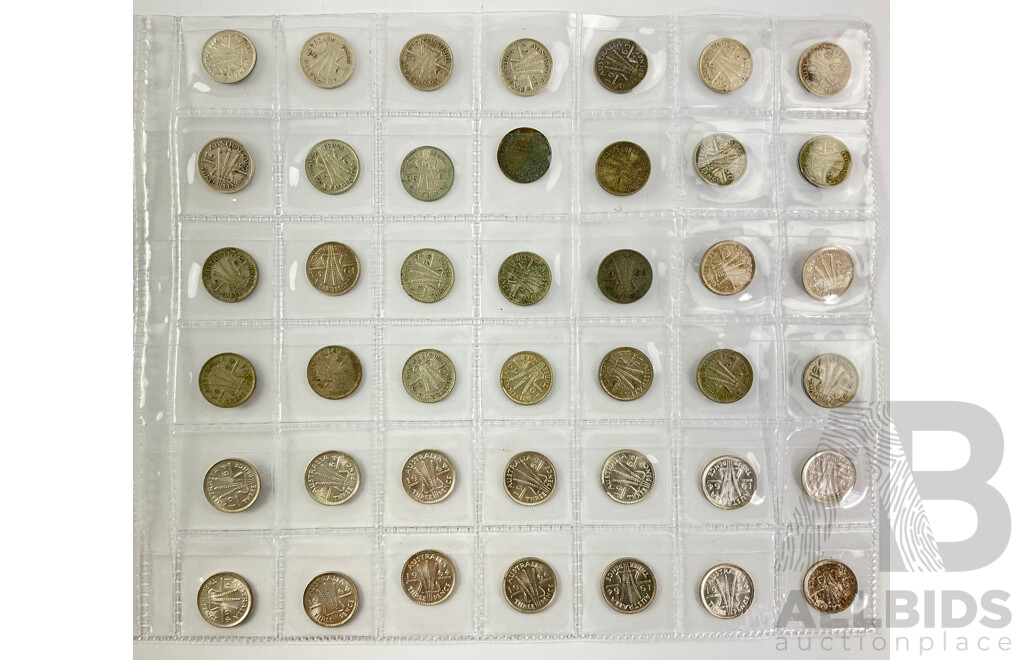 Collection of Australian KGVI and QE2 Silver Threepence Coins, Examples From 1942 to 1964 Including Denver and San Fransisco Mints with Fourteen 1964 A/UNC .500