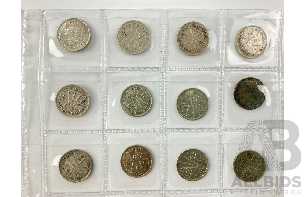 Collection of Australian KGVI and QE2 Silver Threepence Coins, Examples From 1942 to 1964 Including Denver and San Fransisco Mints with Fourteen 1964 A/UNC .500