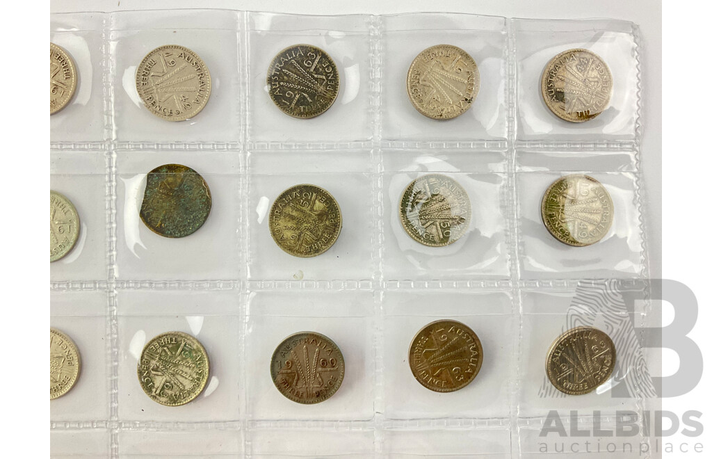 Collection of Australian KGVI and QE2 Silver Threepence Coins, Examples From 1942 to 1964 Including Denver and San Fransisco Mints with Fourteen 1964 A/UNC .500